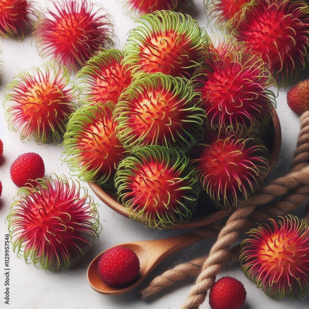 Group of tropical rambutan with vibrant red skin on white Group of tropical rambutan with vibrant red skin on white