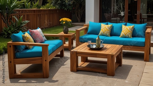 Modern teak wood patio furniture set with blue cushions.