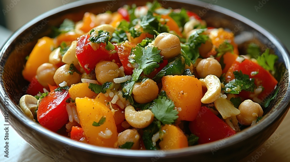 A vibrant salad with chickpeas, bell peppers, and cashews, garnished with cilantro. A vibrant salad with chickpeas, bell peppers, and cashews, garnished with cilantro.