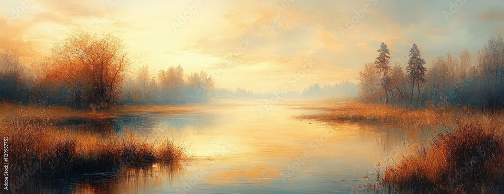 Obraz premium Serene Abstract Landscape Impressionism Soft Pastel Color Gradient Warm Hues Gentle Sunlight Calming Atmosphere Blur