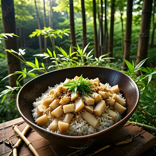 Takenoko Gohan: Steamed rice cooked with tender bamboo shoots, seasoned with soy sauce and dashi, garnished with young sansho leaves. Background: A tranquil forest clearing with fresh bamboo shoots.Ai photo