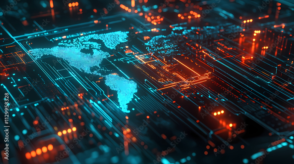 Global network connection - digital world map, glowing lines, digital map, network, technology, connection. Omnipresent. Illustration Global network connection - digital world map, glowing lines, digital map, network, technology, connection. Omnipresent. Illustration