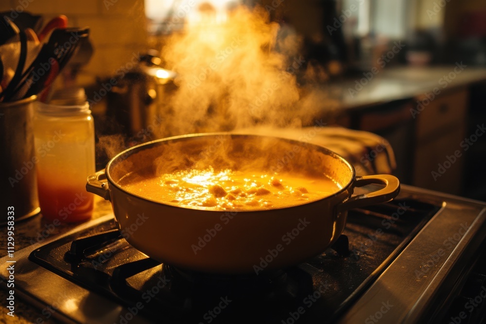 Steaming pot of golden culinary creation on stove Steaming pot of golden culinary creation on stove