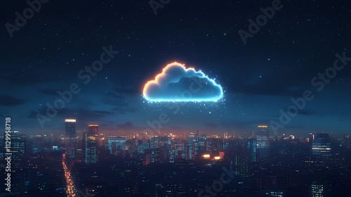 Illuminated cloud icon above cityscape at night depicting ubiquitous cloud computing integration in urban settings. Omnipresent. Illustration photo