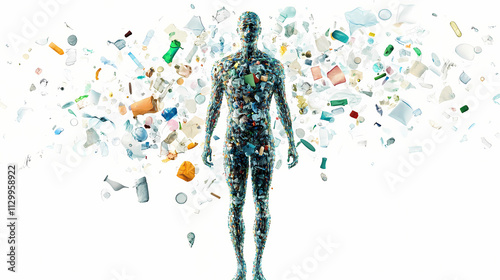 Image of microplastics floating above the human body. this is a metaphor for how ubiquitous microplastics are in everyday life. isolated on white background. Omnipresent. Illustration photo