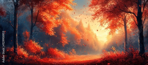 Vibrant Autumn Landscape with Golden Hour Light and Falling Leaves