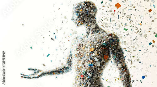 Image of microplastics floating above the human body. this is a metaphor for how ubiquitous microplastics are in everyday life. isolated on white background. Omnipresent. Illustration