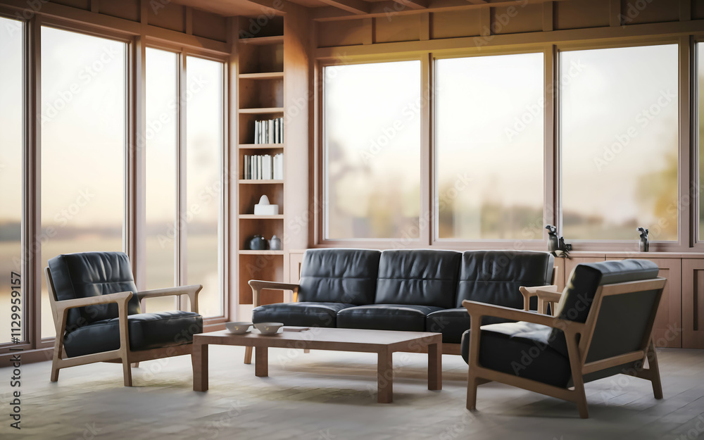 Fototapeta premium modern living room with a large black sofa and two black armchairs. The room has wooden , including a wooden coffee table and a bookshelf. There is a potted plant near the window.