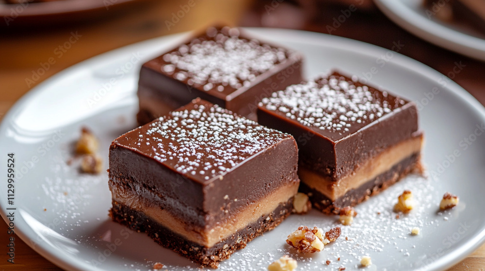 Delicious layered chocolate caramel dessert on a white plate with powdered sugar garnish Delicious layered chocolate caramel dessert on a white plate with powdered sugar garnish