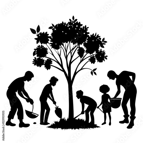 People planting trees perfect black silhouette vector illustration