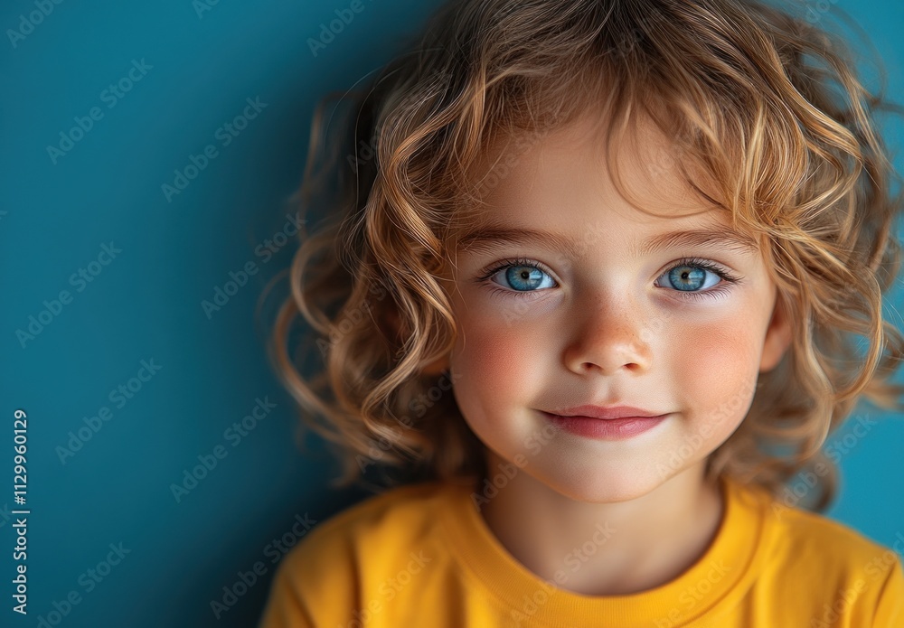 Cheerful Portrait of an Asian Child in Bright Yellow T-Shirt on Blue Background Cheerful Portrait of an Asian Child in Bright Yellow T-Shirt on Blue Background