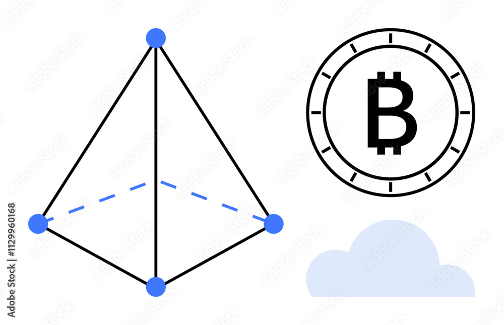 Geometric network with connected nodes, Bitcoin coin symbol, and cloud. Ideal for blockchain technology, cryptocurrency, digital finance, data storage, cloud computing, fintech solutions Geometric network with connected nodes, Bitcoin coin symbol, and cloud. Ideal for blockchain technology, cryptocurrency, digital finance, data storage, cloud computing, fintech solutions