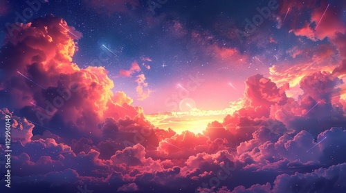 Vibrant sunset with shooting stars above fluffy clouds.