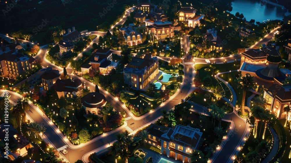 Obraz premium Night view of a luxury housing project with illuminated homes, streets, and landscaped gardens