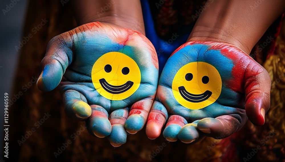 Hands Painted With Smileys - Hand With Painted Emojis Hands Painted With Smileys - Hand With Painted Emojis