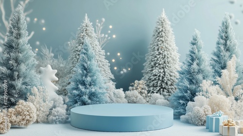 Empty Blue Podium in a Charming Christmas Tree Landscape