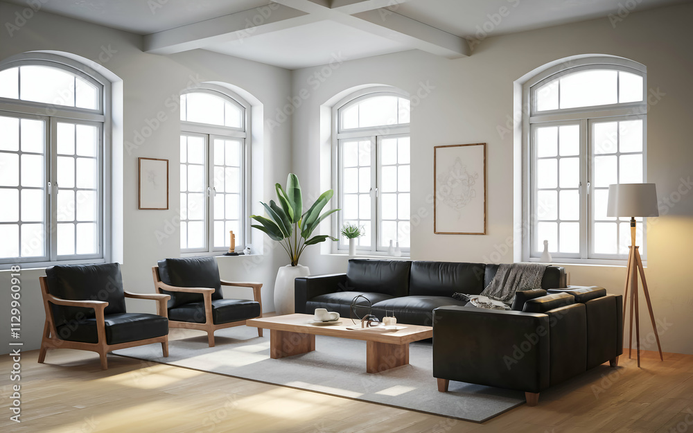 modern living room with a large black sofa and two black armchairs. The room has wooden , including a wooden coffee table and a bookshelf. There is a potted plant near the window. modern living room with a large black sofa and two black armchairs. The room has wooden , including a wooden coffee table and a bookshelf. There is a potted plant near the window.