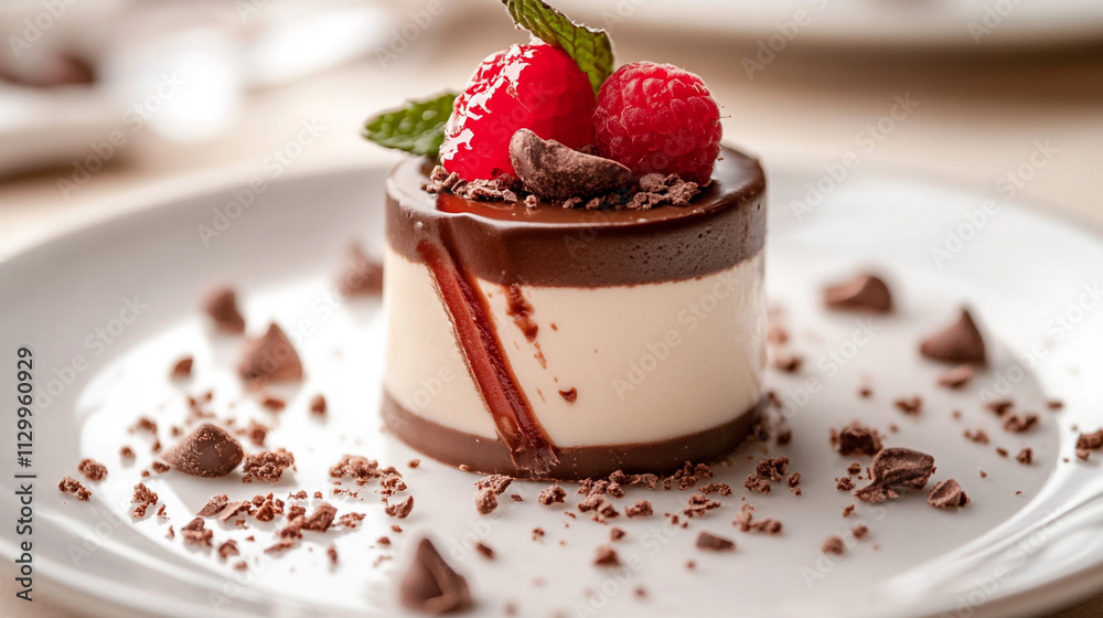 Decadent chocolate mousse dessert with fresh raspberries and mint on elegant plate Decadent chocolate mousse dessert with fresh raspberries and mint on elegant plate