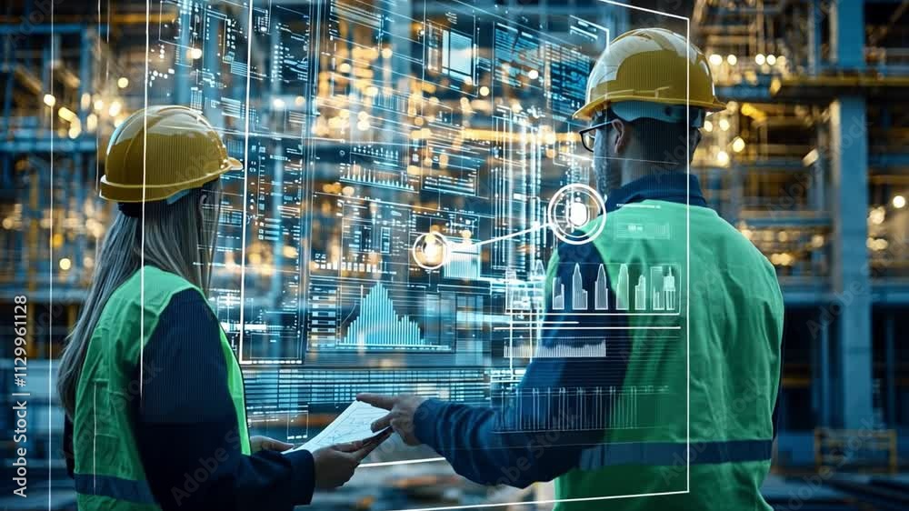 Industrial Digital Twin: Engineers reviewing data on a futuristic holographic interface, showcasing advanced technology in a modern industrial setting.  