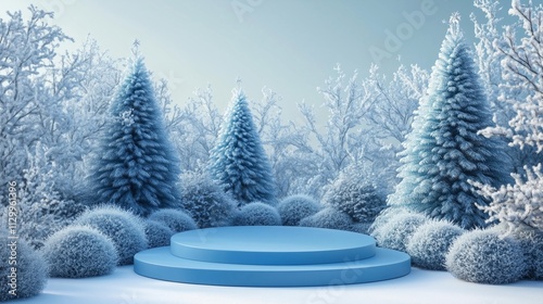 Empty Blue Podium in a Charming Christmas Tree Landscape
