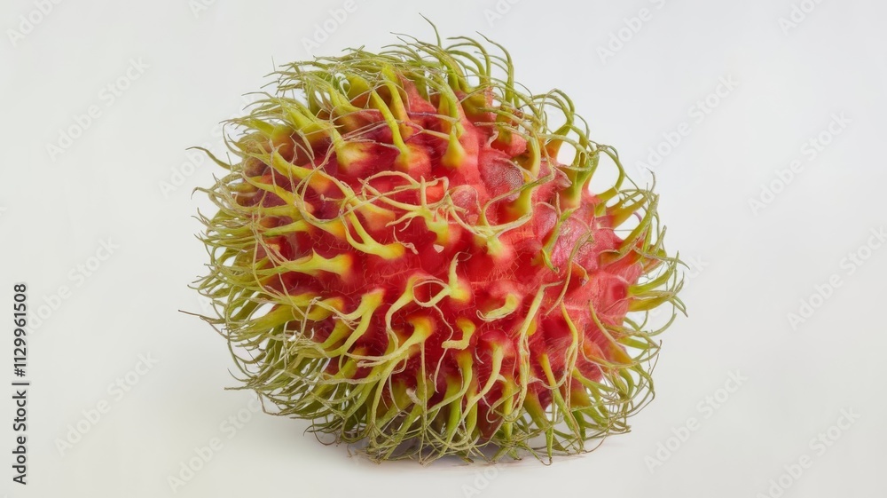 Ripe red rambutan fruit surrounded by its green hairy fibers, placed on a plain white background Ripe red rambutan fruit surrounded by its green hairy fibers, placed on a plain white background
