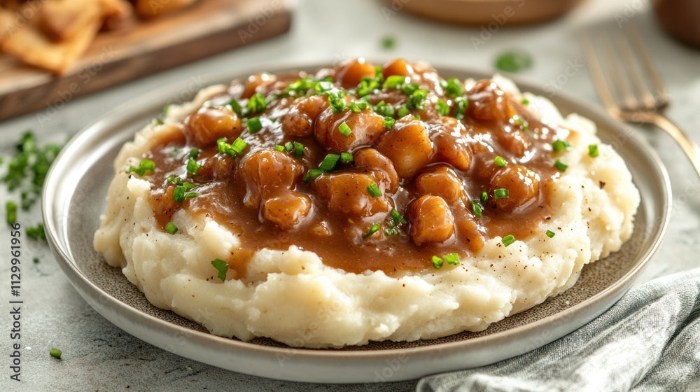 A plate of creamy mashed potatoes topped with savory gravy and bite-sized pieces. A plate of creamy mashed potatoes topped with savory gravy and bite-sized pieces.