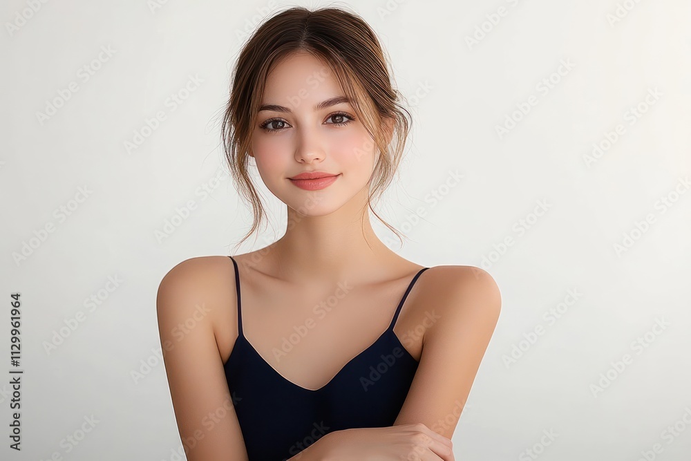 Minimalist Portrait of a Beautiful Asian Woman in Navy Blue Dress with Fresh Skin in Clean Studio Environment Minimalist Portrait of a Beautiful Asian Woman in Navy Blue Dress with Fresh Skin in Clean Studio Environment