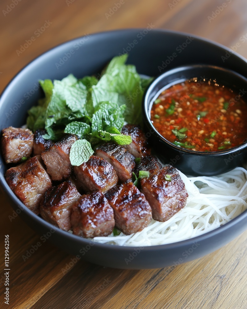 A bowl of grilled beef served with rice noodles, fresh herbs, and dipping sauce. A bowl of grilled beef served with rice noodles, fresh herbs, and dipping sauce.