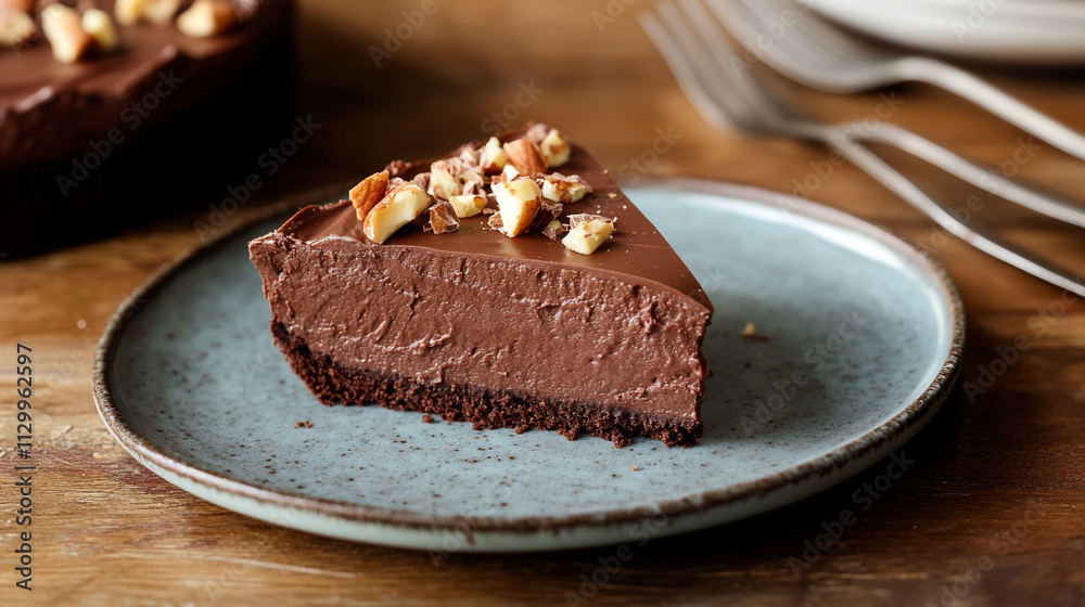 Decadent chocolate mousse cake slice served on a rustic plate with nuts Decadent chocolate mousse cake slice served on a rustic plate with nuts