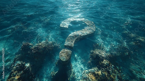 Floating Question Mark in Serene Ocean Symbolizing Life s Mysteries photo