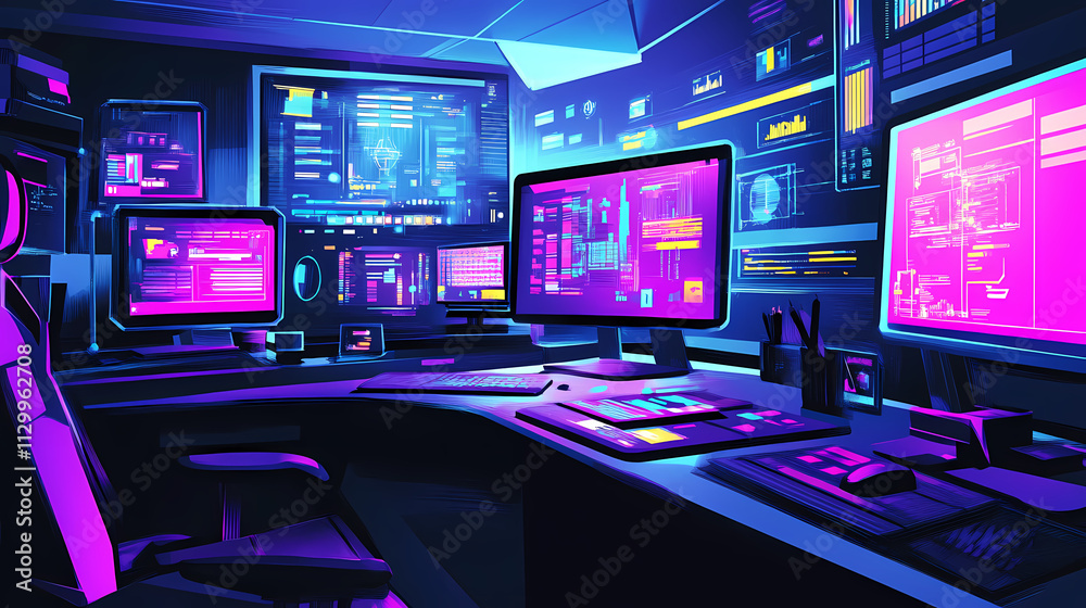 Cutting edge technological workspace with futuristic aesthetic and vibrant color palette. Omnipresent. Illustration Cutting edge technological workspace with futuristic aesthetic and vibrant color palette. Omnipresent. Illustration