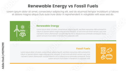 Renewable energy vs fossil fuels comparison concept for infographic template banner with long rectangle box horizontal stack with two point list information