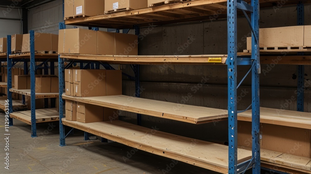 Empty wooden shelves with cardboard boxes in a warehouse. Empty wooden shelves with cardboard boxes in a warehouse.