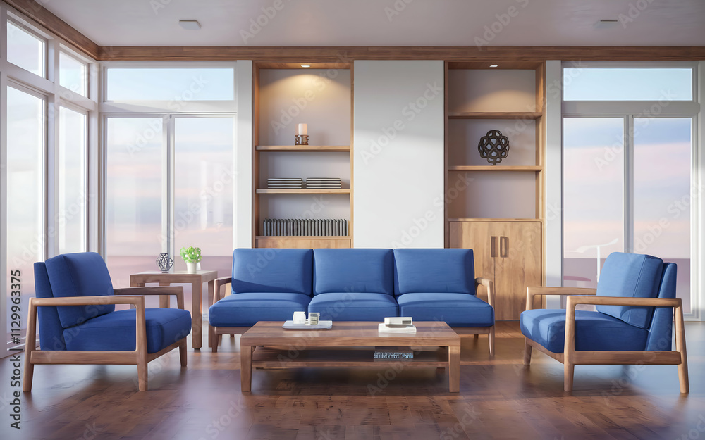 modern living room with a large blue sofa and two blue armchairs. The room has wooden , including a wooden coffee table and a bookshelf. There is a potted plant near the window. modern living room with a large blue sofa and two blue armchairs. The room has wooden , including a wooden coffee table and a bookshelf. There is a potted plant near the window.