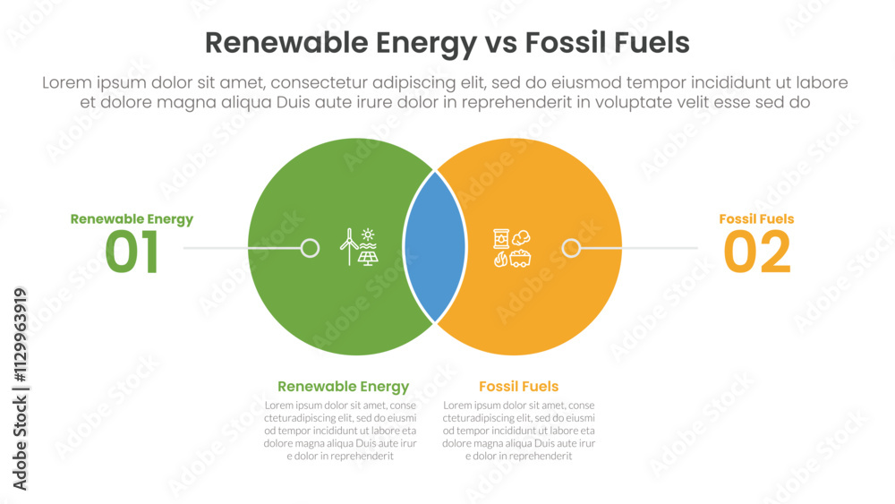 Renewable energy vs fossil fuels comparison concept for infographic template banner with small circle venn blending and line pointer with two point list information Renewable energy vs fossil fuels comparison concept for infographic template banner with small circle venn blending and line pointer with two point list information