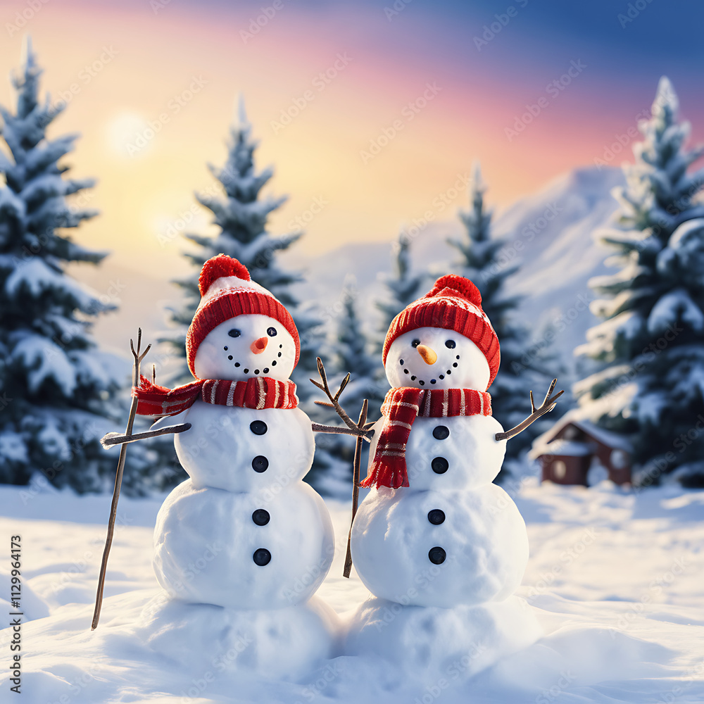 Merry Christmas and Happy New Year greeting card with copy space. Many snowmen standing in winter Christmas landscape. Merry Christmas and Happy New Year greeting card with copy space. Many snowmen standing in winter Christmas landscape.