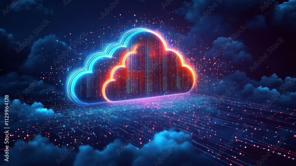 Futuristic Cloud Storage Data Transmission in Cyberpunk Style with Neon Lights and Glowing Data Streams Futuristic Cloud Storage Data Transmission in Cyberpunk Style with Neon Lights and Glowing Data Streams