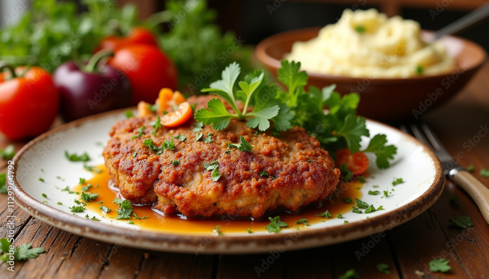 Crispy breaded chicken cutlet with mashed potatoes and fresh herbs on a rustic plate Crispy breaded chicken cutlet with mashed potatoes and fresh herbs on a rustic plate