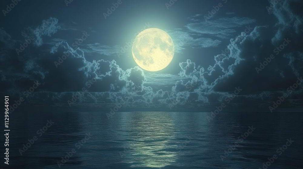 Fototapeta premium Twilight Ocean Scene with Large Full Moon and Dramatic Clouds Reflecting on Calm Water