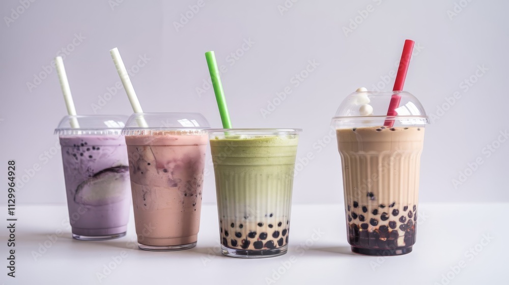 Taro, honeydew, and Thai milk tea with tapioca pearls and straws on white background