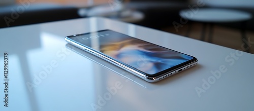 A high-end smartphone placed flat on a spotless white table reflecting ambient lighting and vivid detail. contrast colorful well-lit sharp realistic and visually appealing realistic photo