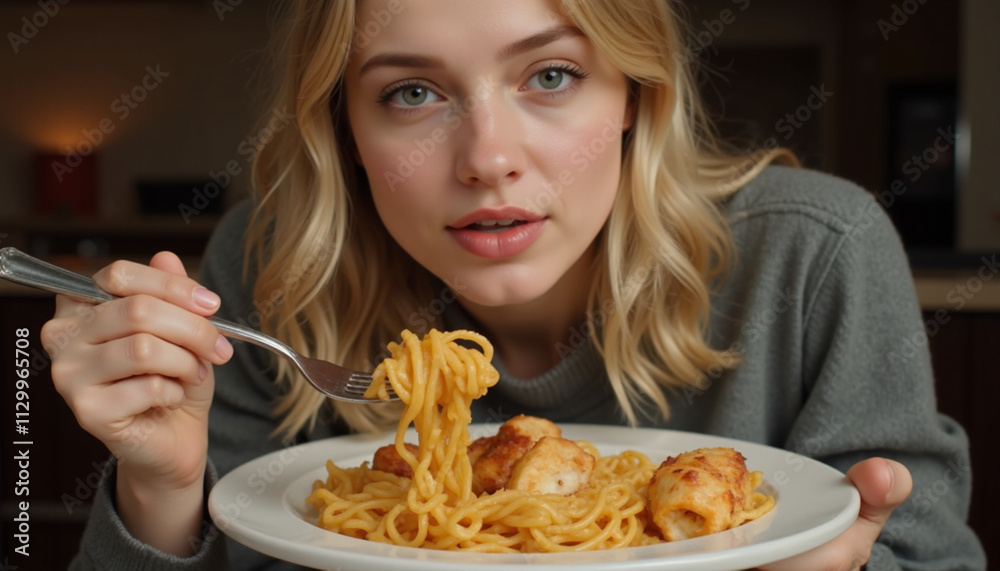 Thoughtful young woman holding a plate of pasta with chicken, looking at the camera Thoughtful young woman holding a plate of pasta with chicken, looking at the camera