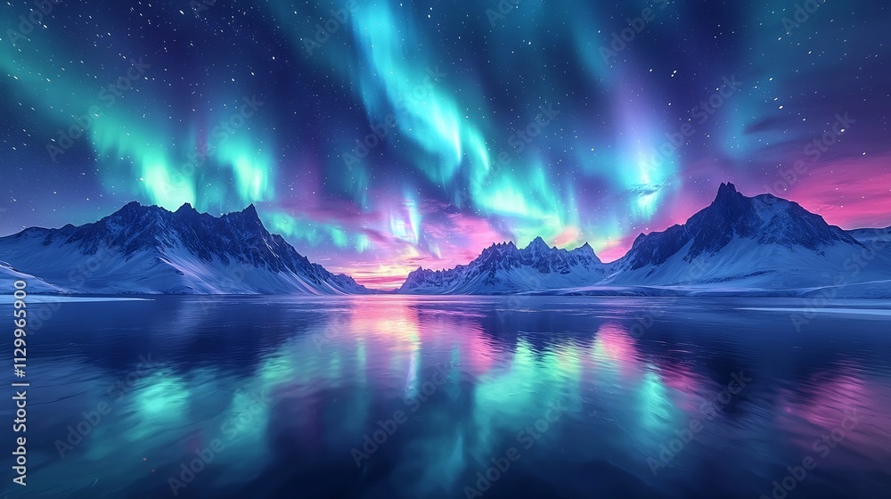 Fototapeta premium Mesmerizing Aurora Borealis Reflecting on a Serene Lake amidst Majestic Mountains
