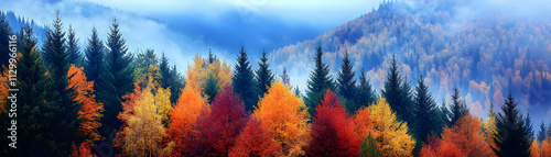 Autumnal Forest Panorama, Vibrant Trees in Misty Mountains