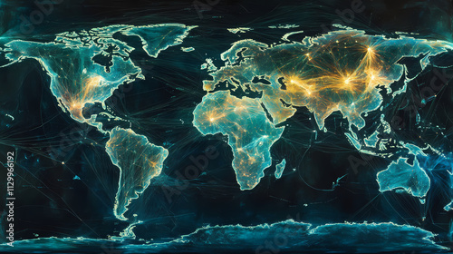 A world map depicting global interconnectivity with glowing nodes and lines. Omnipresent. Illustration photo