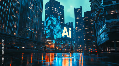 Ai letters projected in a modern urban setting, symbolizing the ubiquitous nature of artificial intelligence. Omnipresent. Illustration photo