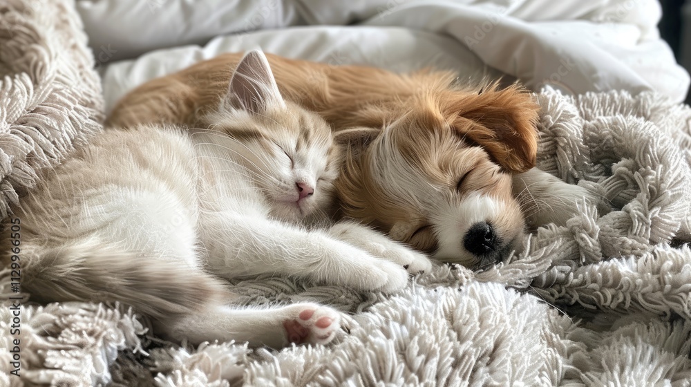 Puppy and kitten sleeping together on a soft blanket, perfect for promoting pet adoption or companionship Puppy and kitten sleeping together on a soft blanket, perfect for promoting pet adoption or companionship