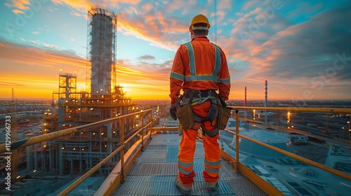Worker in safety gear stands on industrial platform at sunset, overlooking refinery.