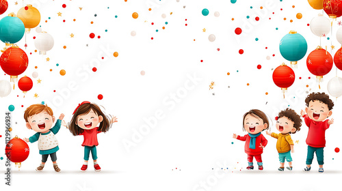 Festive scene of children joyfully playing under colorful lanterns, celebrating together