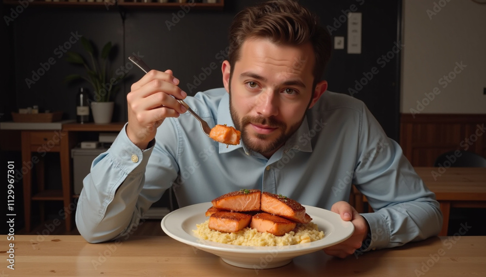 Young man enjoying a plate of salmon on pasta in a cozy dining atmosphere Young man enjoying a plate of salmon on pasta in a cozy dining atmosphere